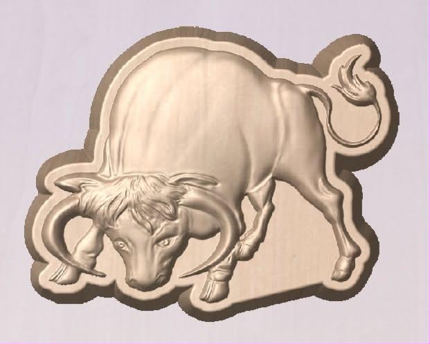 Charging bull mold, bull head down with swept horns, a nose ring and its tail whipping up.