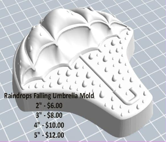 Grey render of an open umbrella mold with a scalloped canopy and raindrops falling around it