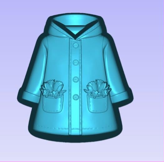 Mold of a child's raincoat with a pointed collar, four buttons, ruffled pockets and flared cuffs.