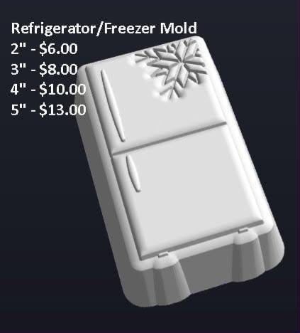 White two-door refrigerator freezer mold with a snowflake badge on the top door and long pull handles