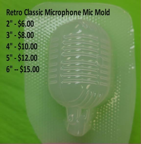 Clear plastic mold of a retro broadcast microphone with a ridged grille head and slim base.