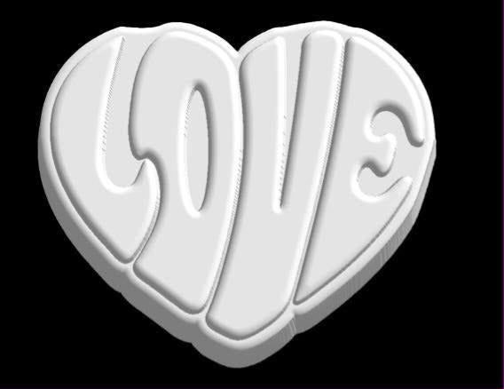 White render of a heart mold filled edge to edge with LOVE in fat retro bubble lettering