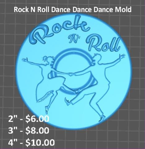 Round mold with Rock N Roll script above two jiving dancers drawn in outline