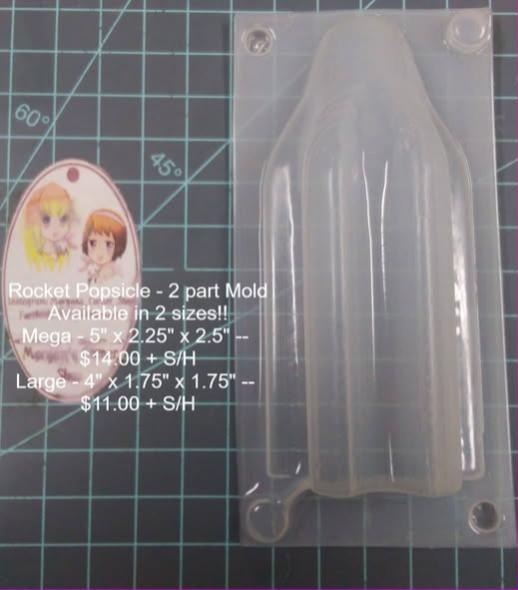 Clear two-part rocket popsicle mold with a ridged ice pop cavity and a flat stick tab