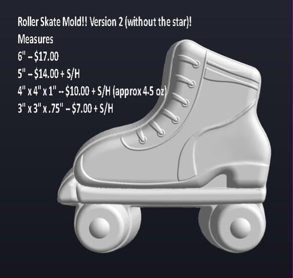 Grey render of a quad roller skate mold with a laced boot, four wheels and a toe stop