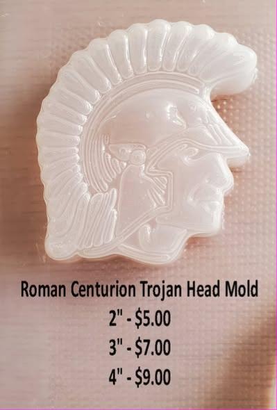 Clear plastic mold of a Roman centurion head in profile with a plumed crest helmet.