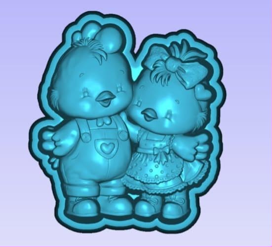 Mold of two cartoon chicks arm in arm, one in bib overalls and one in a polka-dot dress.