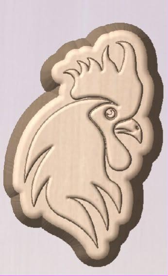 Tan rooster head silhouette mold with a serrated comb, wattle and swept neck feathers.