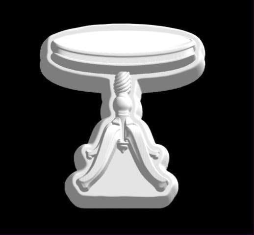 Cast mold of a round pedestal end table with a turned column and scrolled feet