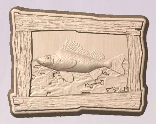 Cast plaque mold of a fish over reeds inside a carved rough timber frame