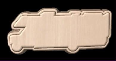 Tan RV motorhome silhouette mold in side profile with a cab over bunk and wheel arches.