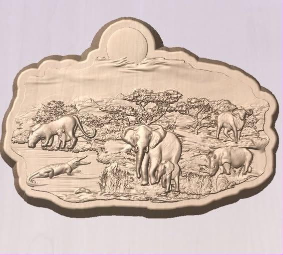 Tan cast safari plaque with elephants at a waterhole, a crocodile and acacia trees