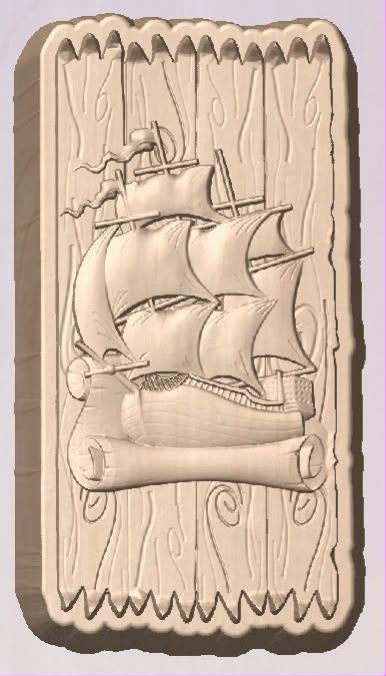 Pale wood-tone plaque cast of a three-masted sailing ship carved into notched wood planks