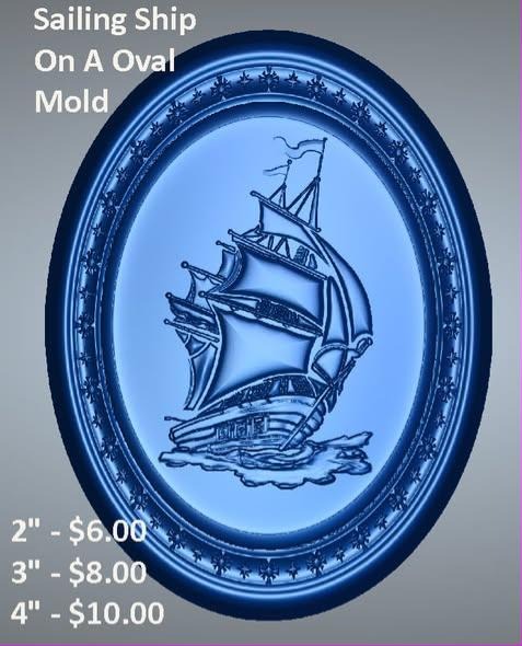 Cast oval plaque mold of a tall ship under full sail inside a beaded rope-twist rim