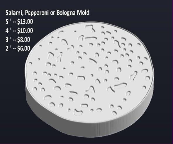 Grey render of a thick cured sausage slice mold with irregular fat flecks across the face