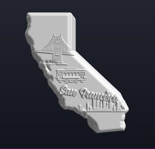 California state mold engraved with the Golden Gate Bridge, a cable car and San Francisco in script.