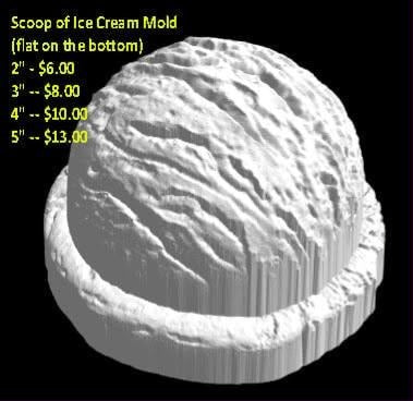 White cast of a single ice cream scoop with a churned rippled surface and a flat base