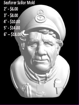White cast bust of a weathered sea captain in a badged peaked cap and collared coat