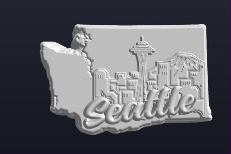 Washington state outline mold with the Seattle skyline, Space Needle, Mount Rainier and script.