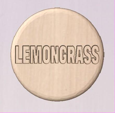 Round shower tablet mold with LEMONGRASS in outlined block capitals across the face.