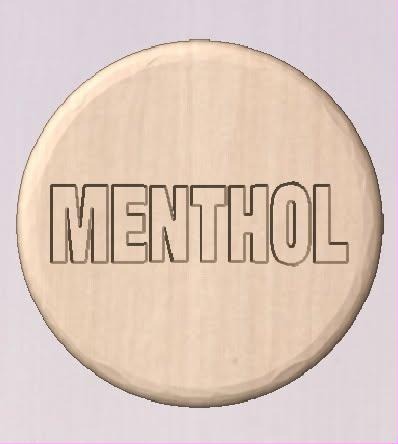 Round shower tablet mold with MENTHOL in outlined block capitals across the face.