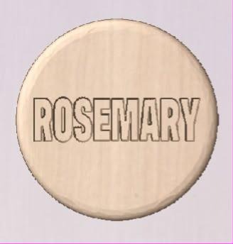 Round pale wood-tone shower tablet cast with ROSEMARY in hollow block capitals