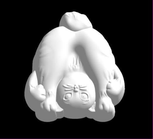Mold of a cat mid-somersault, rolled onto its head with hind legs over and paws splayed out.