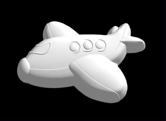 White render of a chubby cartoon aeroplane mold with round windows and stubby wings