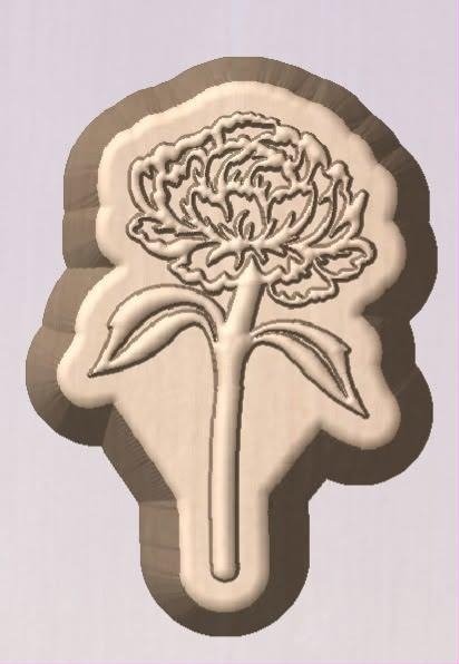 Tan carnation flower mold with a ruffled layered bloom on a straight stem with two leaves.