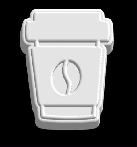 White cast of a travel coffee cup mold with banded lid, sleeve line and coffee bean emblem.