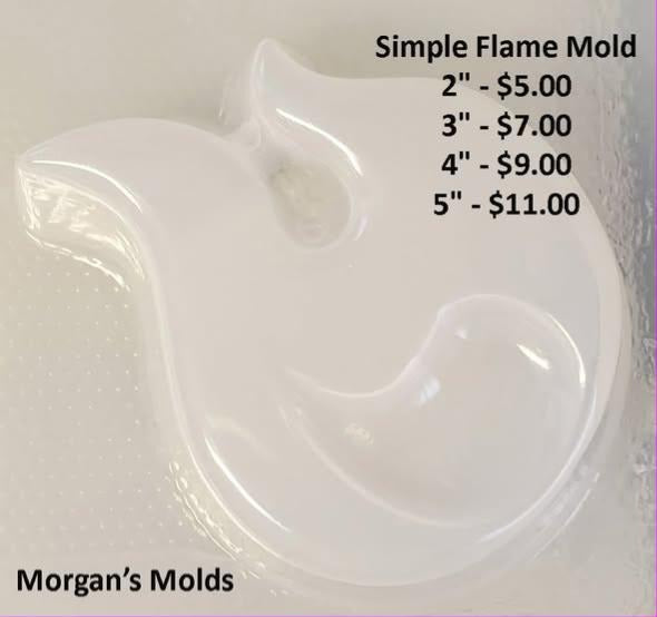 Clear glossy plastic mold with a single teardrop flame cavity and a curled tip