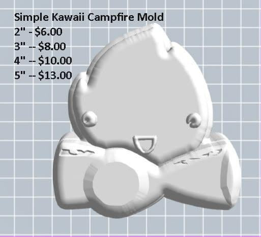 Kawaii campfire mold with a smiling rounded flame, blushing cheeks and two logs below.