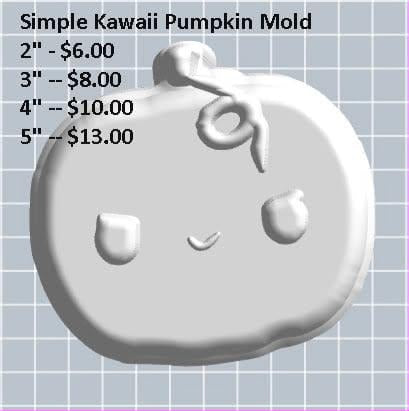 Grey cast of a squat kawaii pumpkin with a curling vine stem, small smile and blush cheeks
