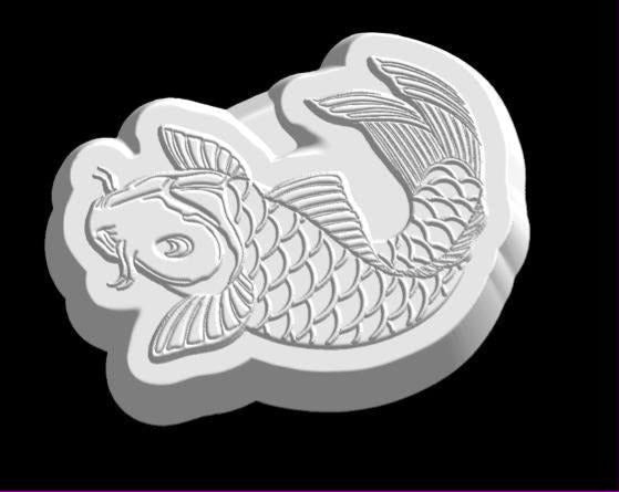 Koi carp mold curving in an S with overlapping scales, trailing barbels and a wide fanned tail.