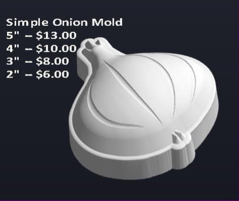 White cast of an onion mold, a domed bulb with curved layer lines, twisted stem and root.