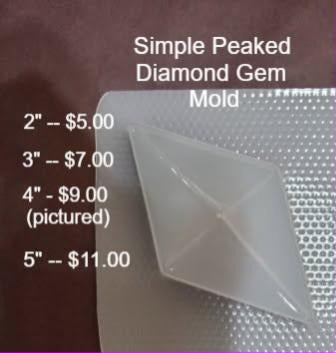 Clear plastic mold of a four-sided peaked diamond gem with facet ridges to each corner