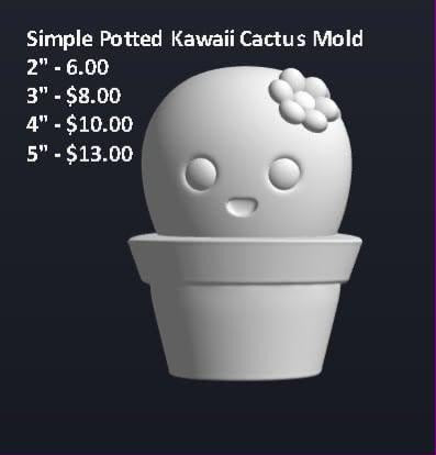 Grey potted cactus mold with a smiling kawaii face, blushed cheeks and a small bud cluster.