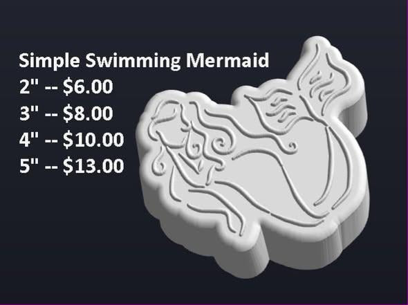 Grey render of a swimming mermaid mold with streaming hair and a curled tail fluke