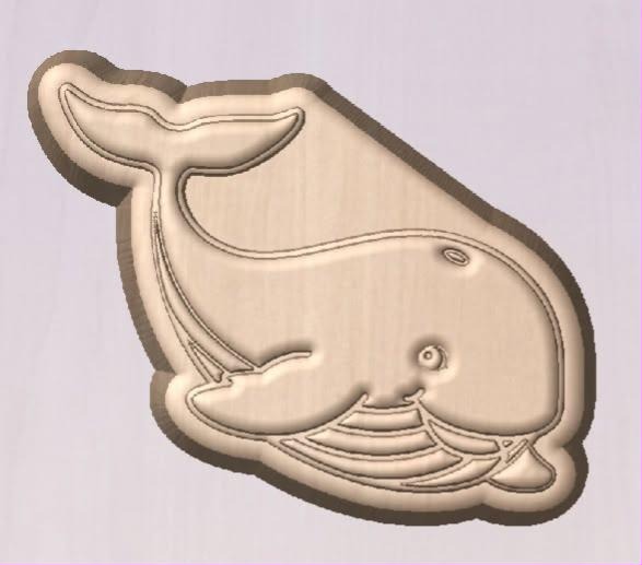 Cream cast cartoon whale with a curved smile, belly pleats and a spout curling up