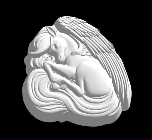 Mold of a baby pegasus curled asleep with a feathered wing folded over its back.