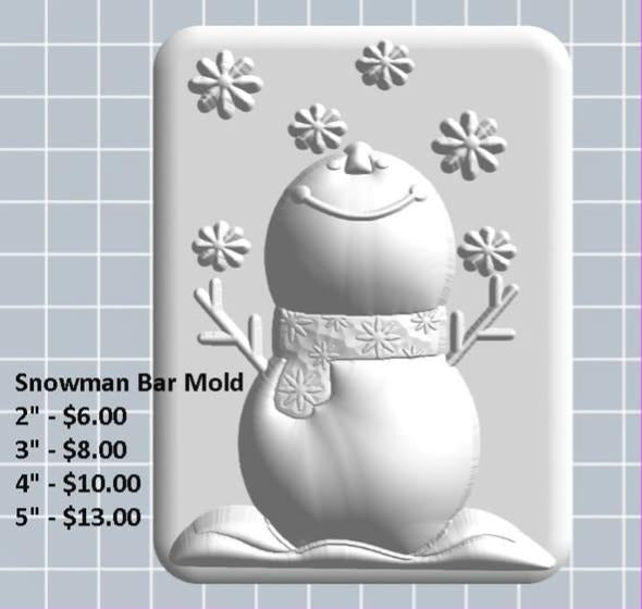 Grey render of a snowman bar mold with a top hat, flying scarf and scattered snowflakes