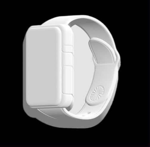 White cast of a sport smart watch mold with a rounded square case and strap curving behind.