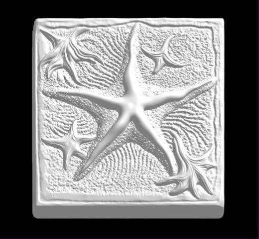 Square tile mold with a five-armed starfish laid across rippled sand and small shell pieces.