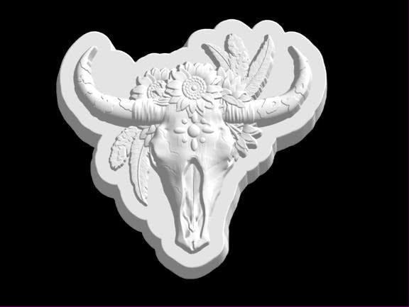 Grey render of a longhorn steer skull mold with a crown of flowers and feathers