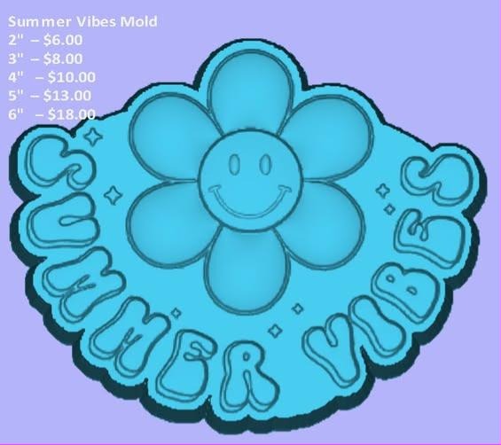 Summer Vibes mold: retro daisy with a smiley centre ringed by bubble-letter SUMMER VIBES.