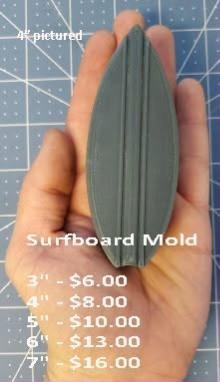 Slim surfboard mold with pointed nose, rounded tail and three raised stringer lines