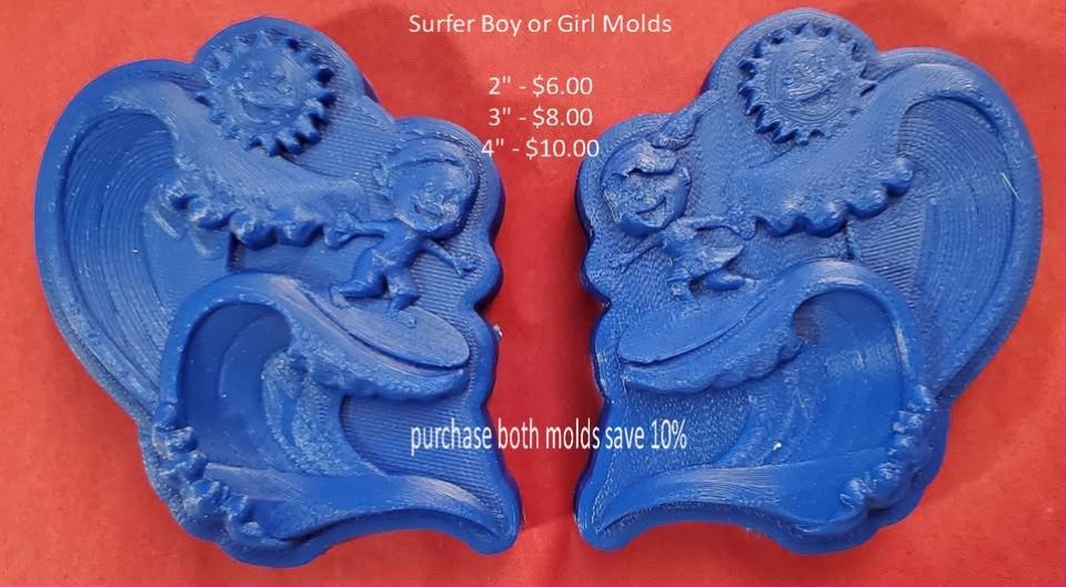 Surfer mold, a surfer crouched on a board riding the curl of a breaking wave under a smiling sun.