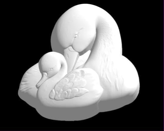 Mold of a mother swan with her neck curved down over one cygnet nestled against her breast.
