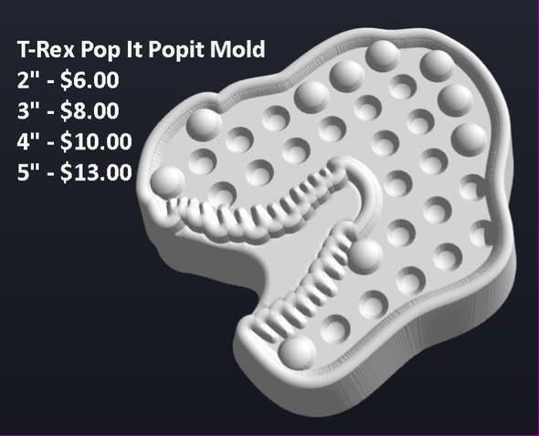 T-Rex shaped mold covered in rows of round push-bubble dimples for fidget-style casts.