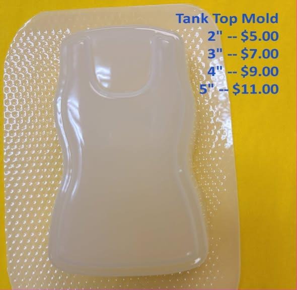 Clear plastic mold of a sleeveless tank top with thin straps and a scooped neckline.